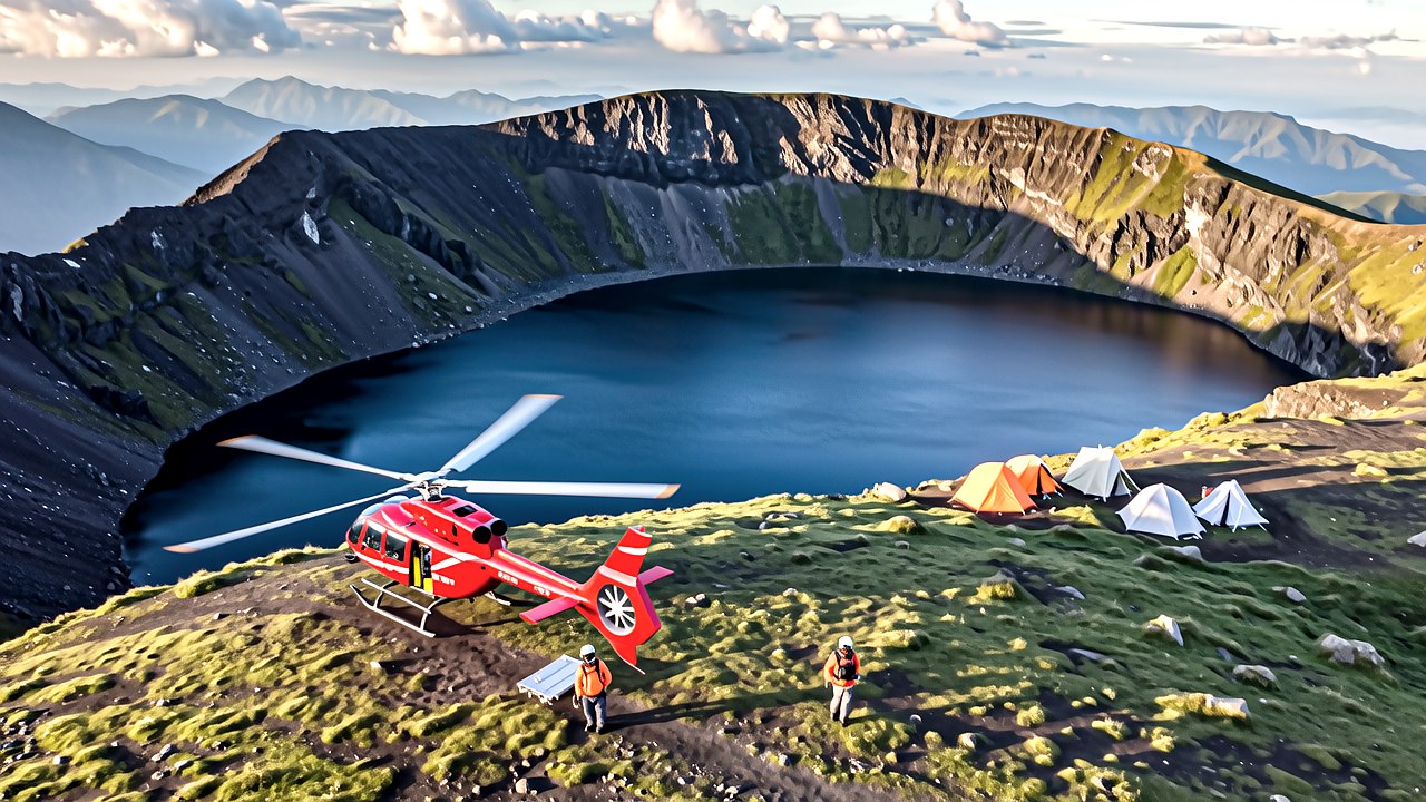 Ilustrasi helikopter medis di punggungan gunung berbatu dengan danau kawah di latar belakang