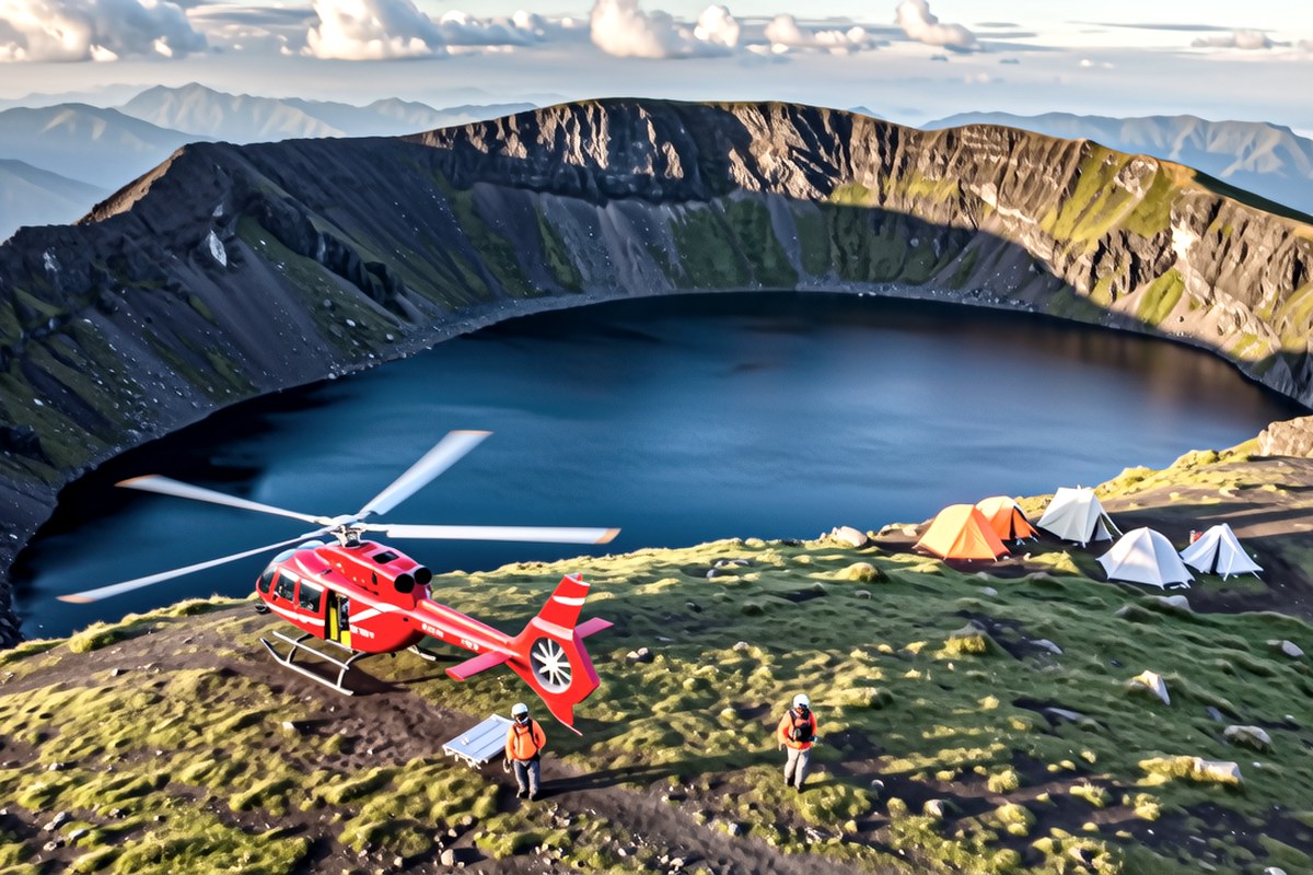 Ilustrasi helikopter medis di punggungan gunung berbatu dengan danau kawah di latar belakang.