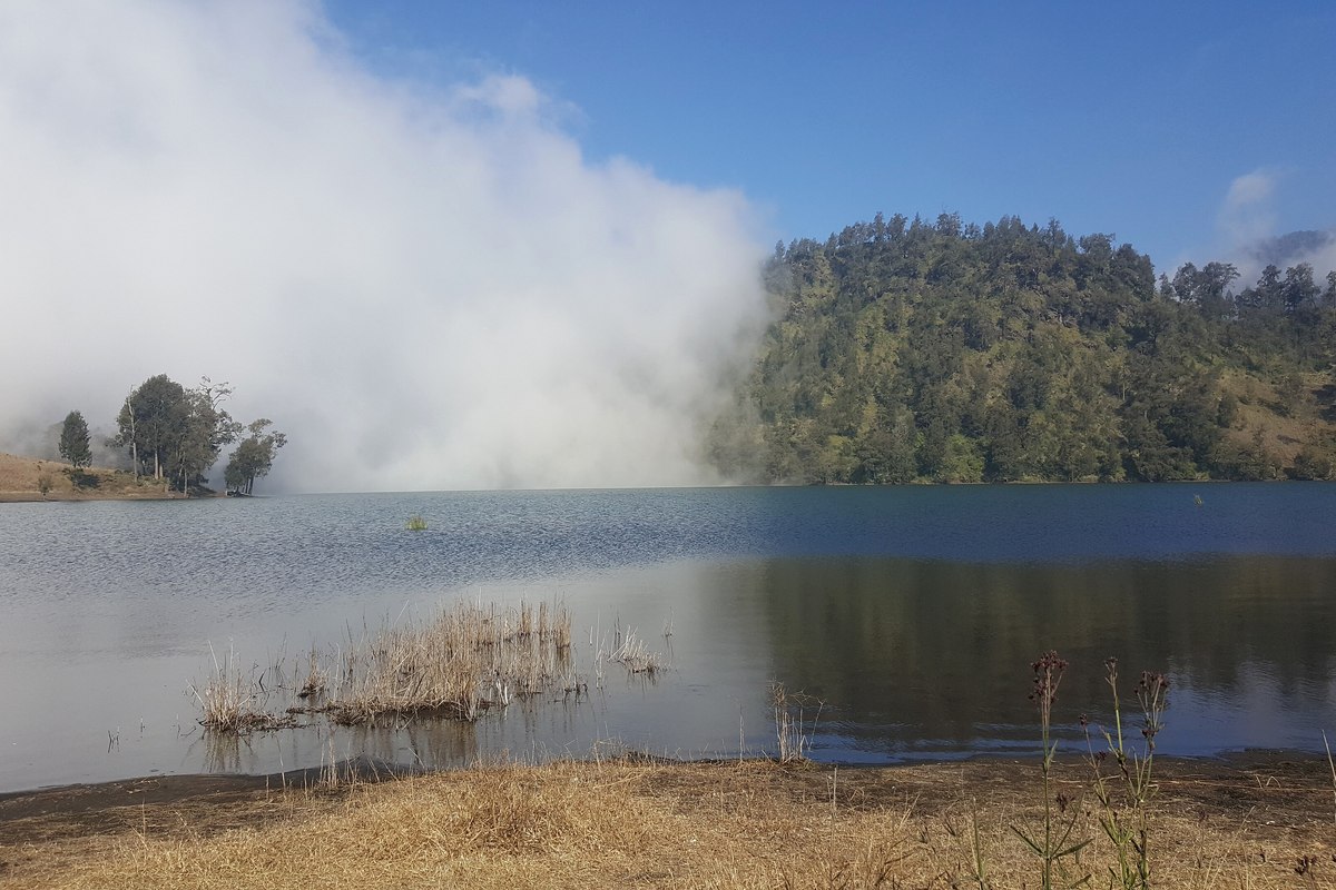 Danau Ranu Kumbolo dengan padang rumput dan bukit di sekelilingnya pada pagi hari.