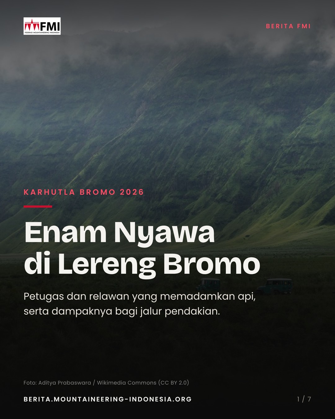 Sampul carousel: judul Enam Nyawa di Lereng Bromo dengan foto savana Bromo.