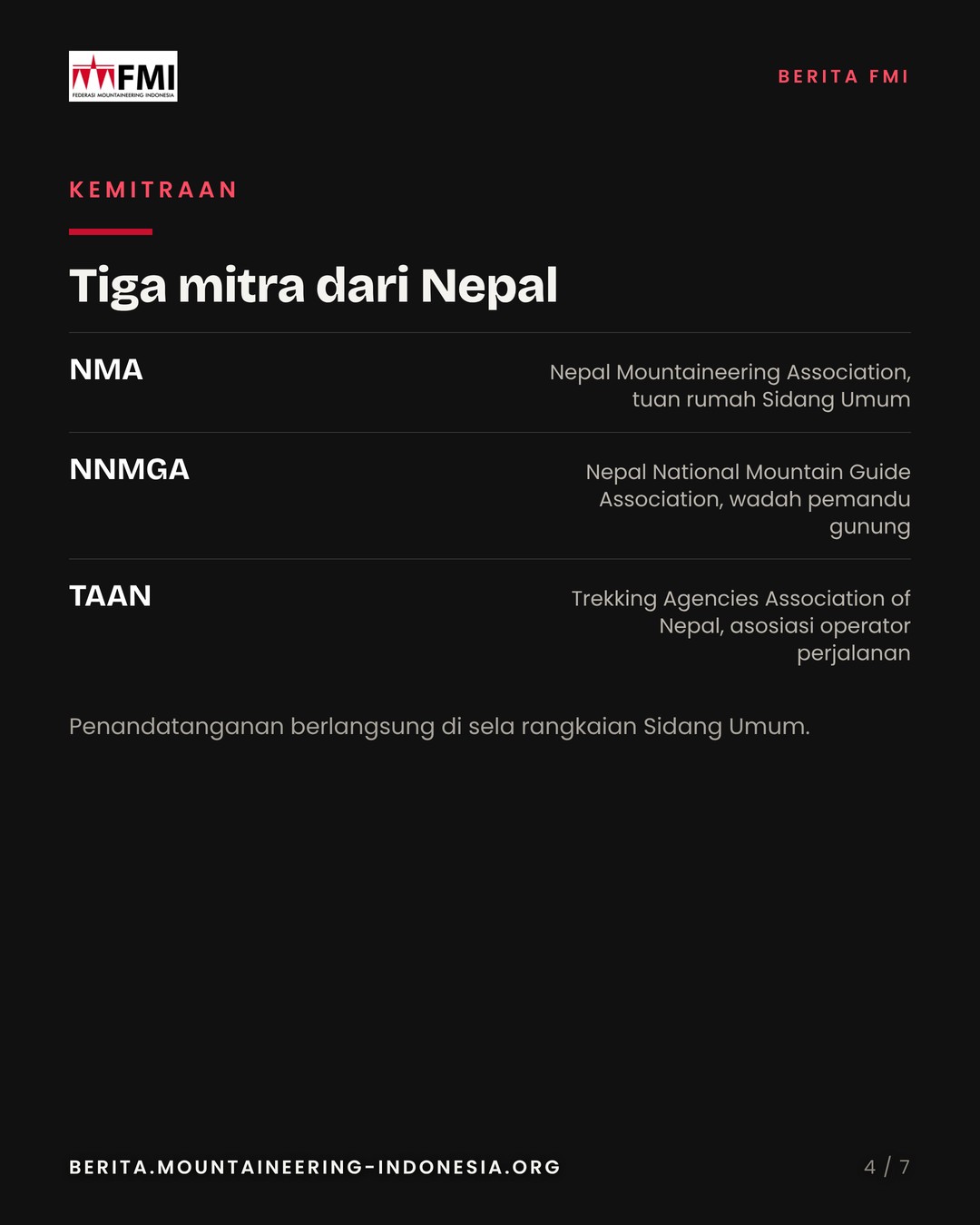 Slide 4: tiga mitra dari Nepal, NMA, NNMGA, dan TAAN