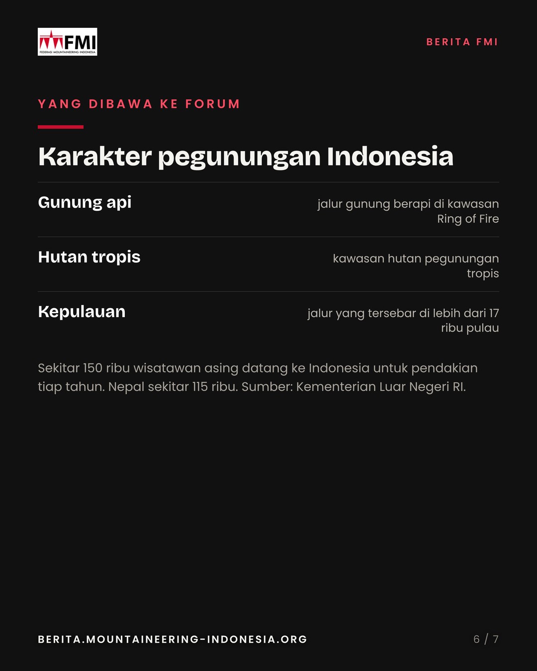 Slide 6: karakter pegunungan Indonesia, gunung api, tropis, kepulauan