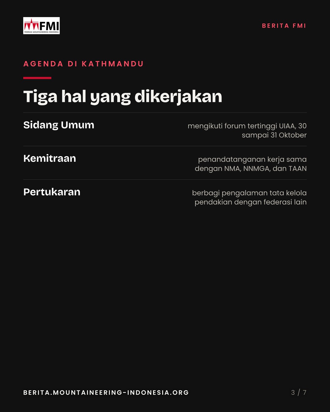Slide 3: tiga agenda di Kathmandu, sidang umum, kemitraan, pertukaran