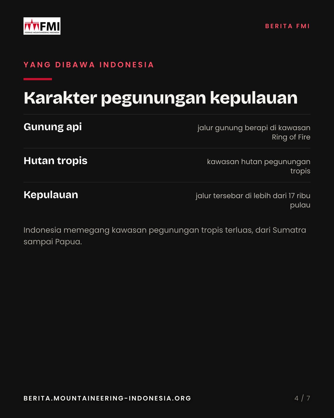 Slide 4: karakter pegunungan kepulauan Indonesia, gunung api, tropis, kepulauan