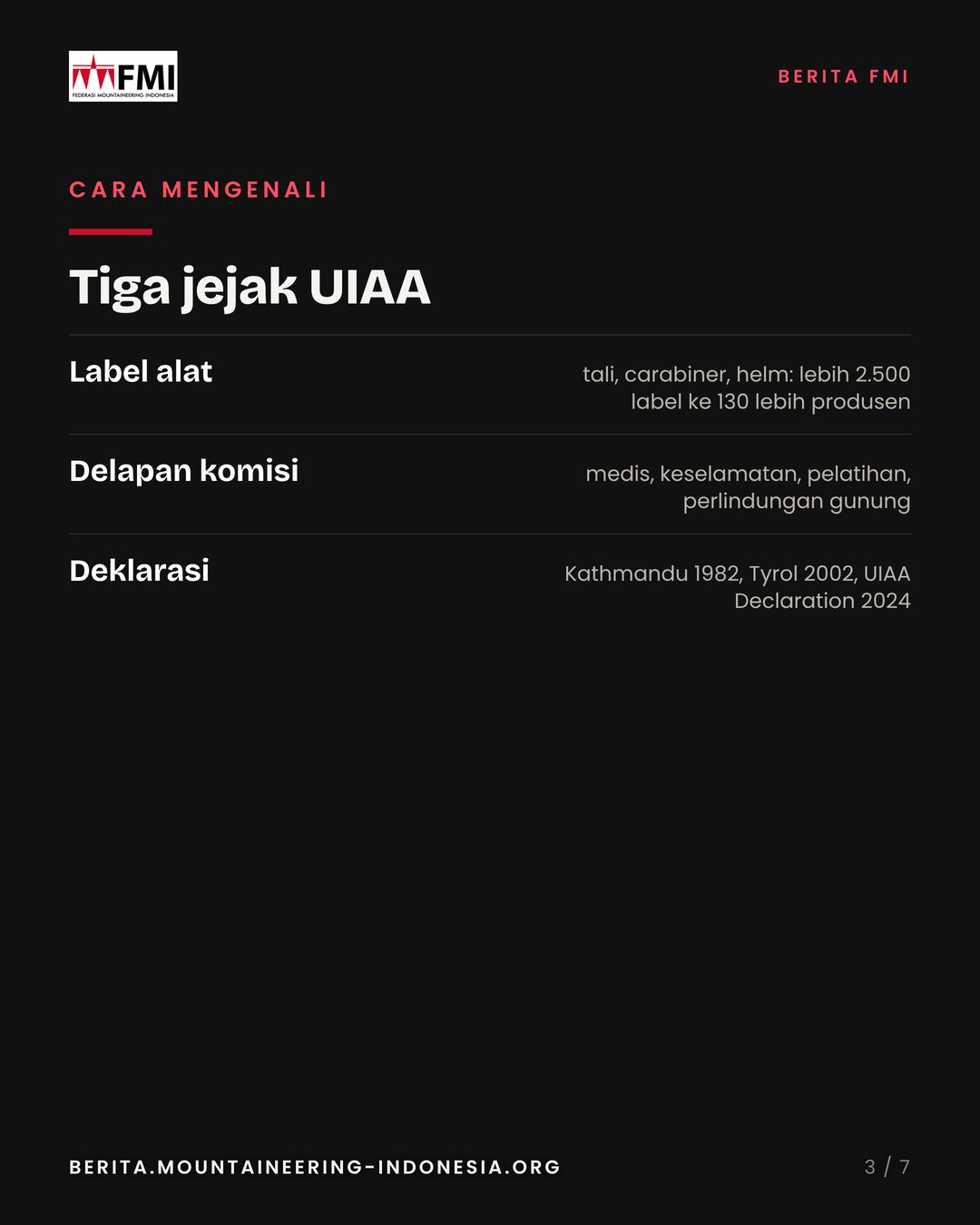 Slide 3: tiga jejak UIAA, label alat, delapan komisi, deklarasi