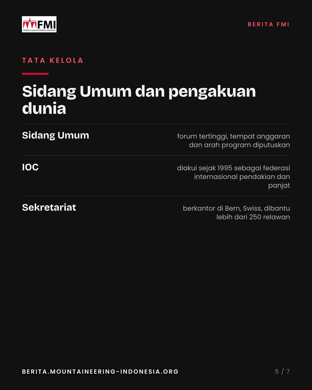 Slide 5: tata kelola, sidang umum, pengakuan IOC, sekretariat Bern