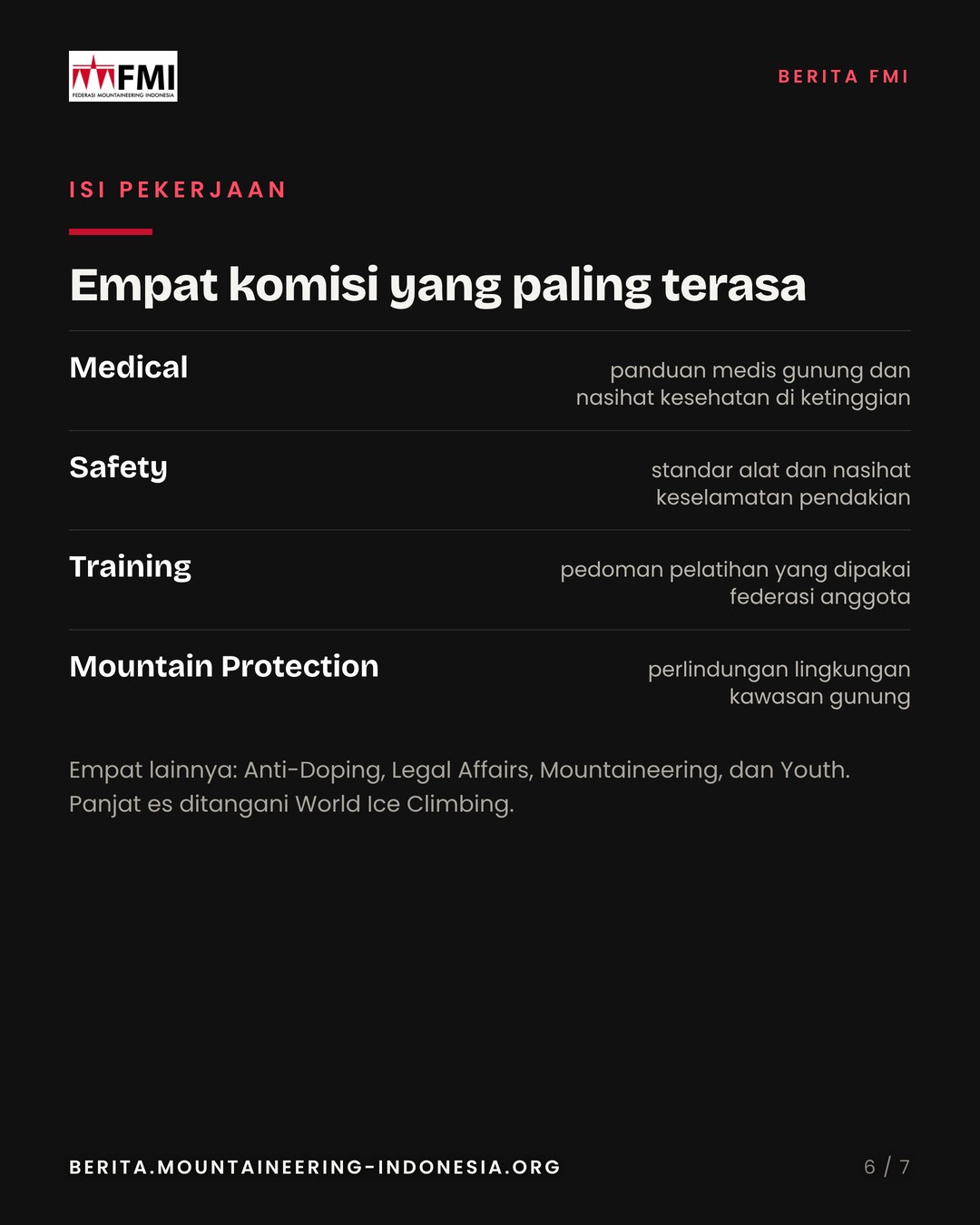 Slide 6: empat komisi yang paling terasa, Medical, Safety, Training, Mountain Protection