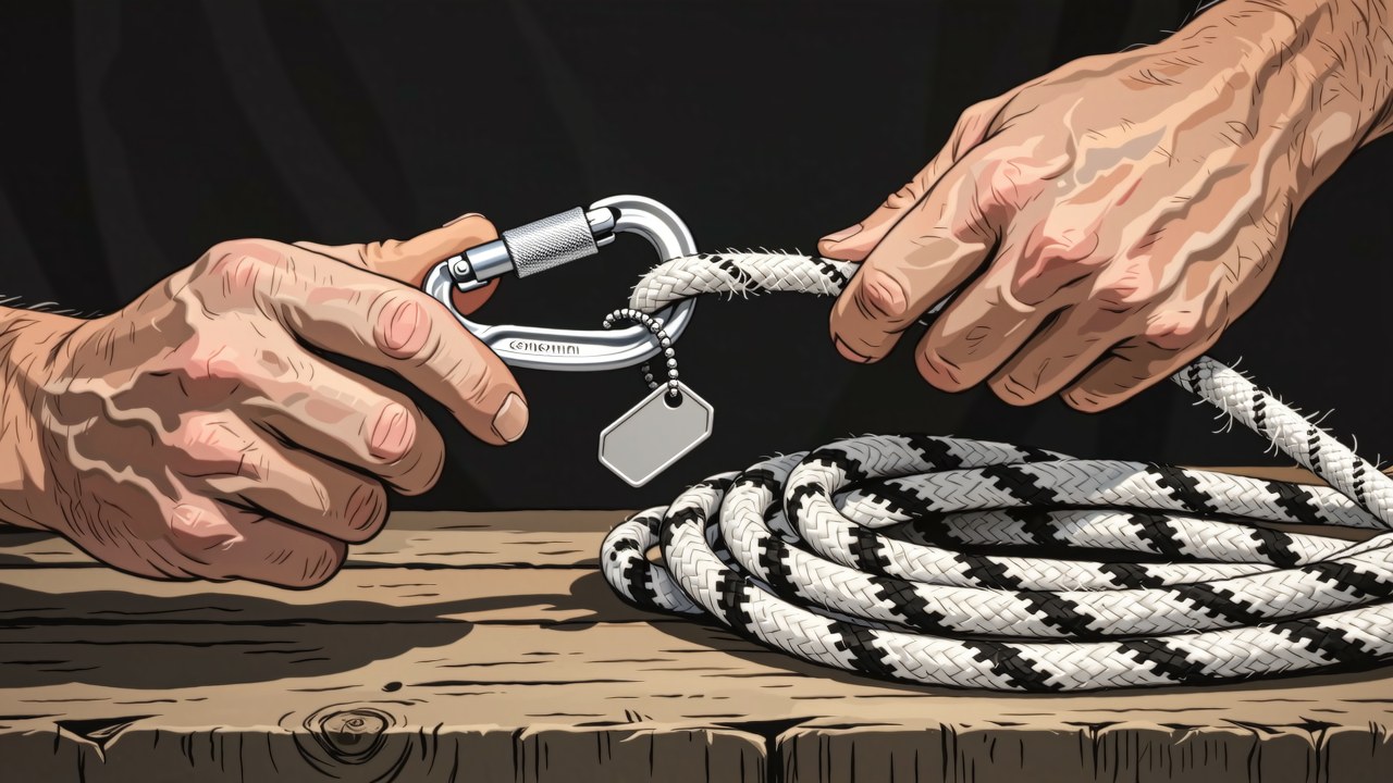 Ilustrasi dua tangan memeriksa carabiner dan gulungan tali kernmantle di atas meja kayu, dengan label kosong tergantung pada carabiner