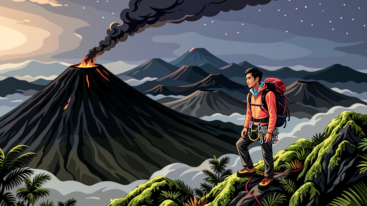 Ilustrasi pendaki beransel berdiri di punggungan gunung berapi saat fajar dengan lapisan pegunungan tropis dan kerucut gunung di kejauhan