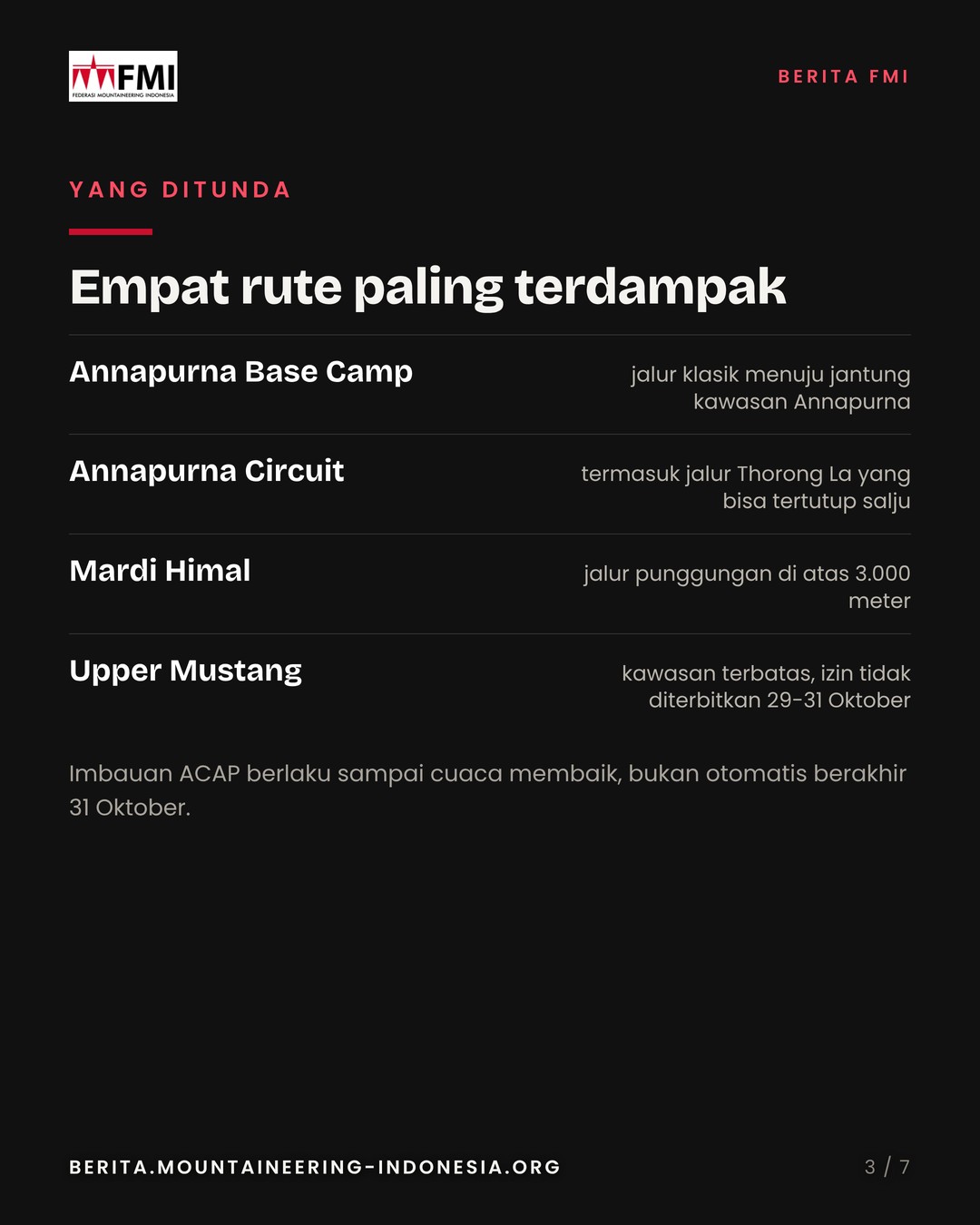 Slide 3: empat rute yang ditunda, Annapurna Base Camp, Annapurna Circuit, Mardi Himal, Upper Mustang