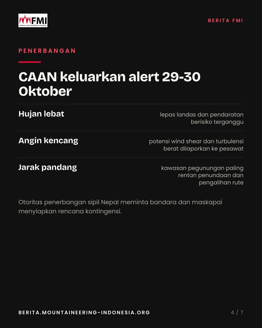 Slide 4: alert penerbangan CAAN 29-30 Oktober, hujan lebat, angin kencang, jarak pandang
