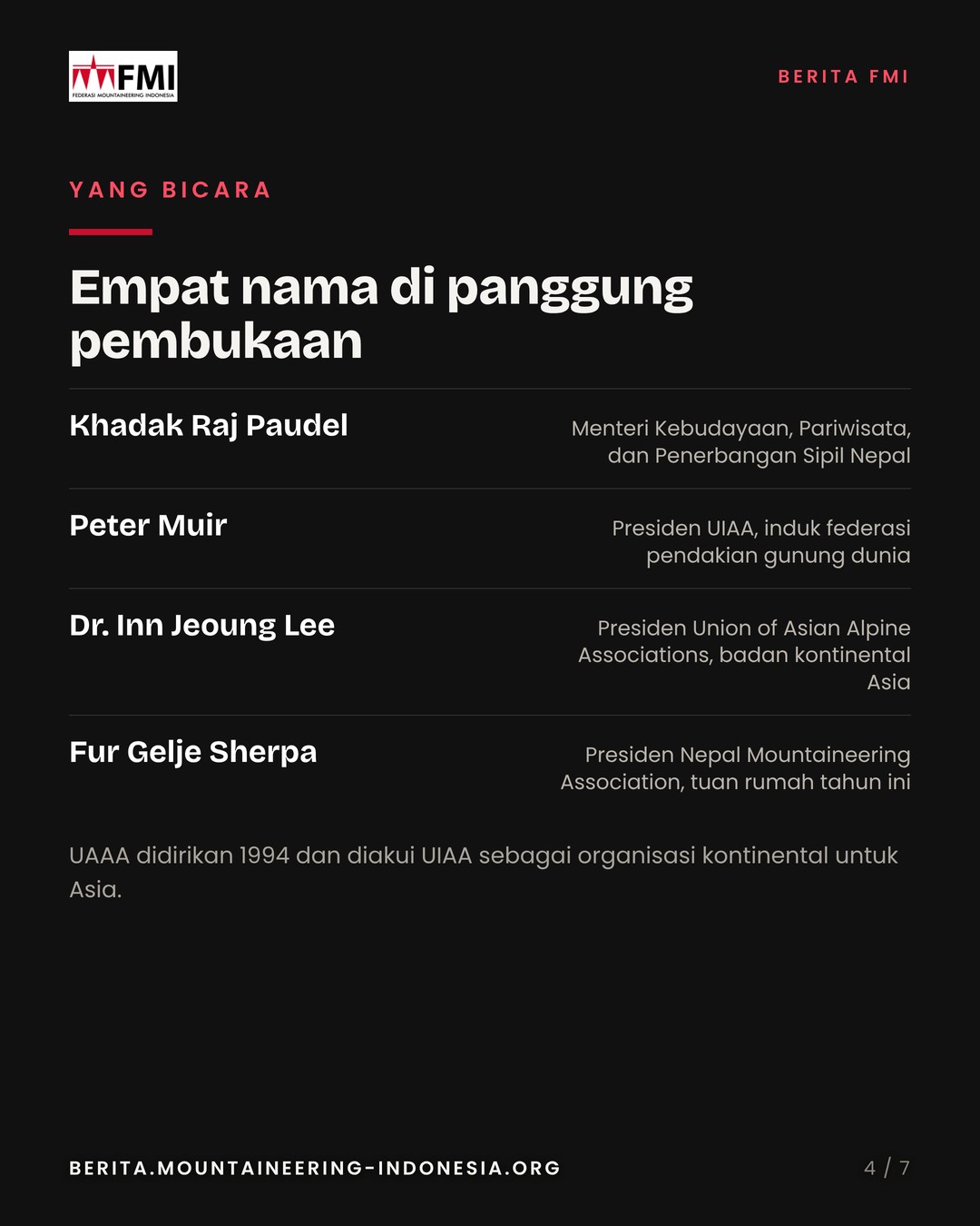 Slide 4: empat pembicara, Khadak Raj Paudel, Peter Muir, Inn Jeoung Lee, Fur Gelje Sherpa