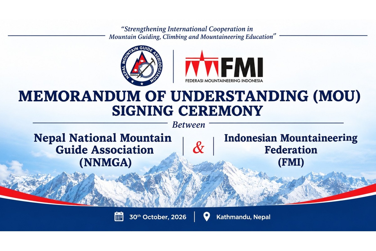 Latar acara bergambar logo NNMGA dan FMI bertuliskan Memorandum of Understanding Signing Ceremony, 30 Oktober 2026, Kathmandu, Nepal