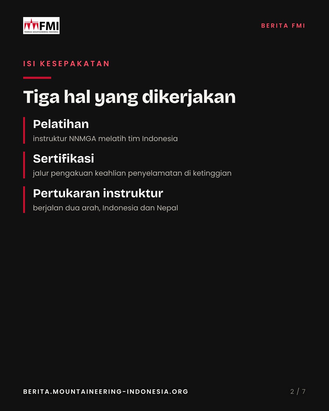 Slide 2: tiga isi kesepakatan, pelatihan, sertifikasi, pertukaran instruktur
