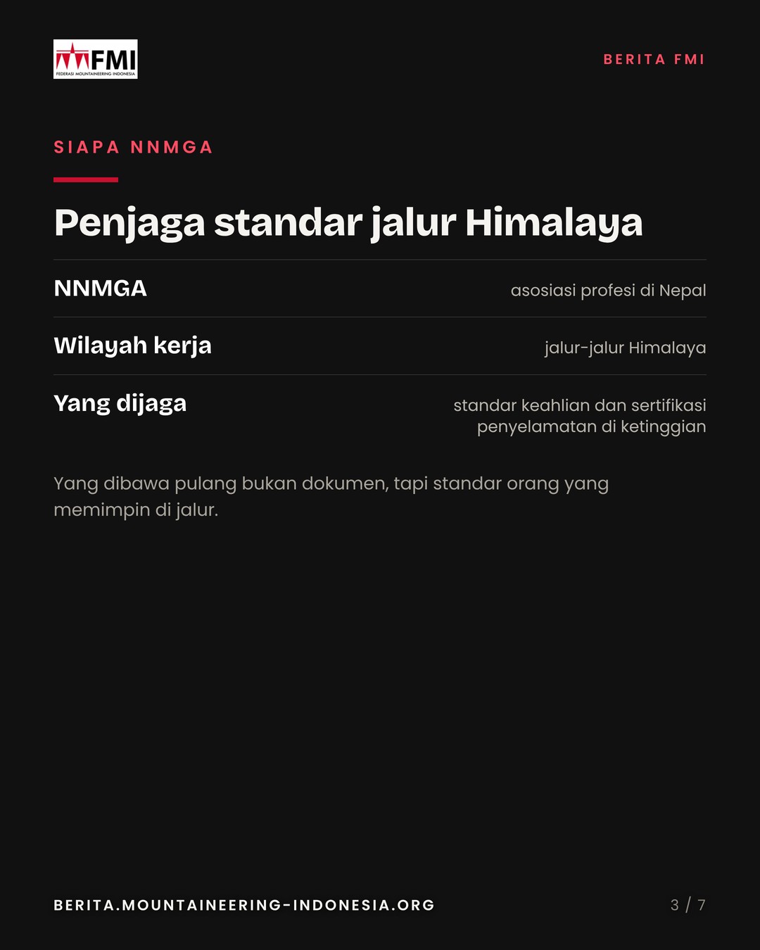 Slide 3: profil NNMGA, asosiasi profesi di Nepal penjaga standar keahlian jalur Himalaya