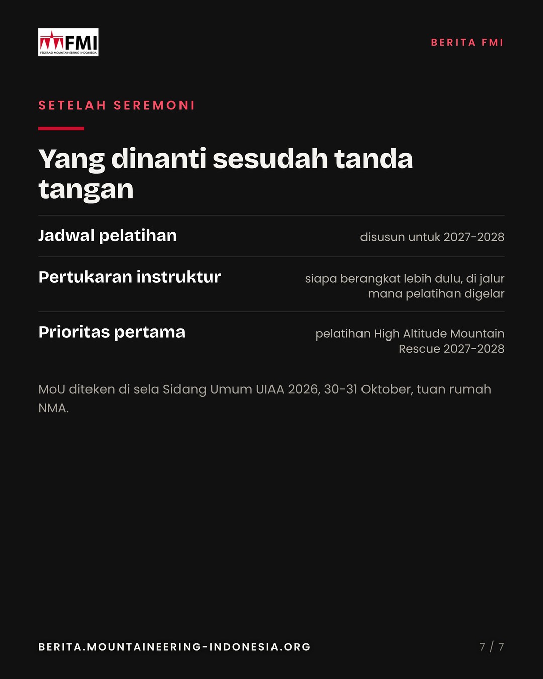 Slide 7: rencana setelah penandatanganan, jadwal pelatihan dan pertukaran instruktur 2027-2028